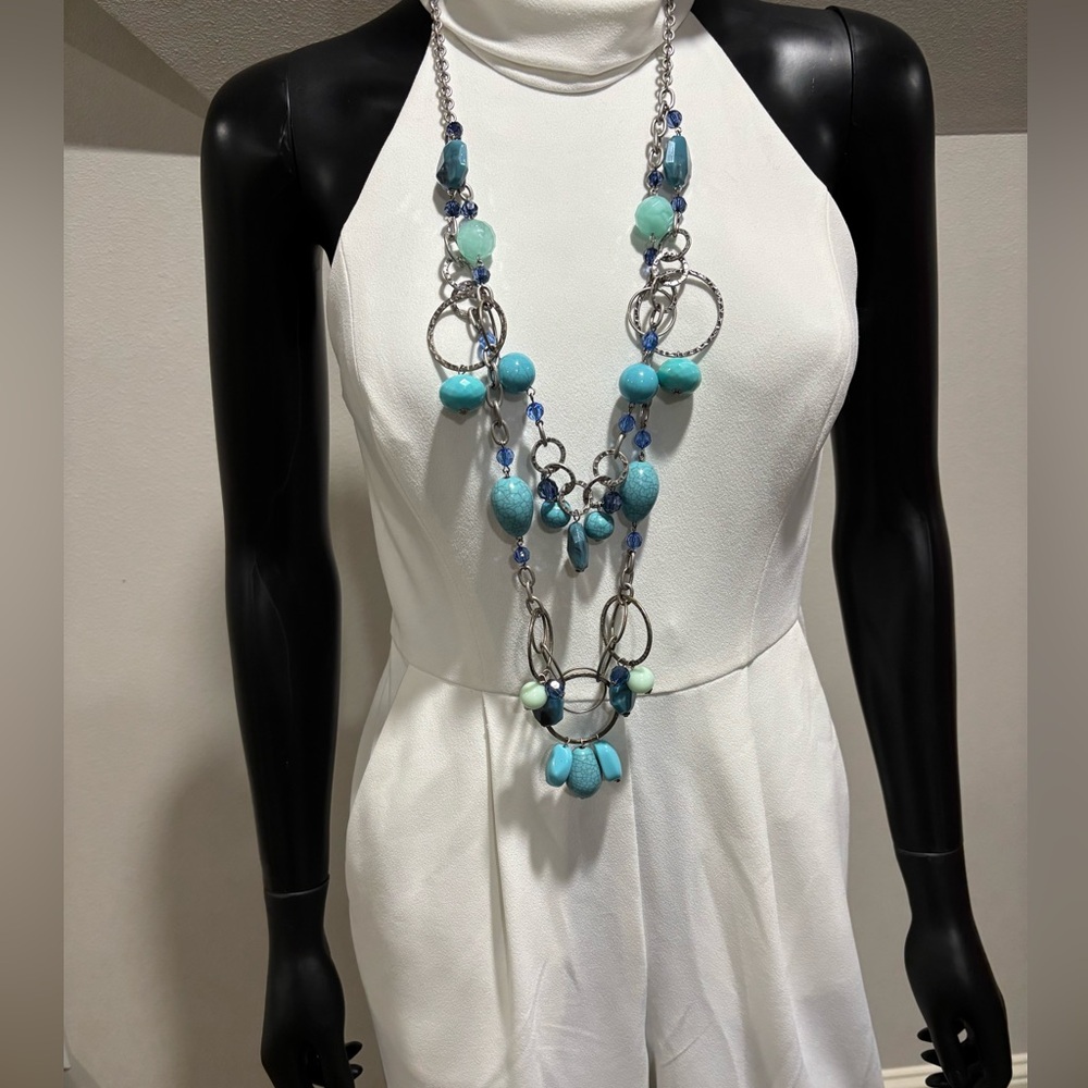 Chicos long Silver Hammered Metal Turquoise Necklace New NWT